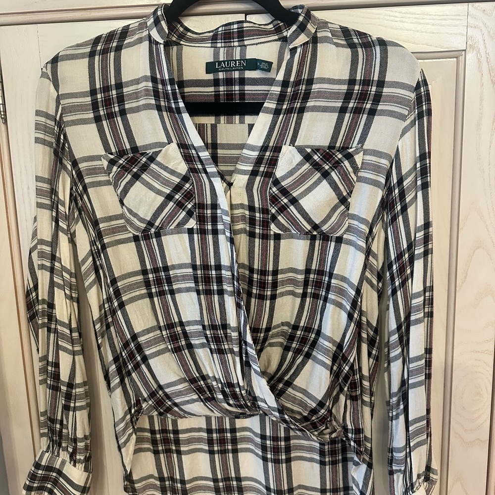 Lauren Ralph Lauren Black, Cream, Red Wrap Style Blouse, Size XS